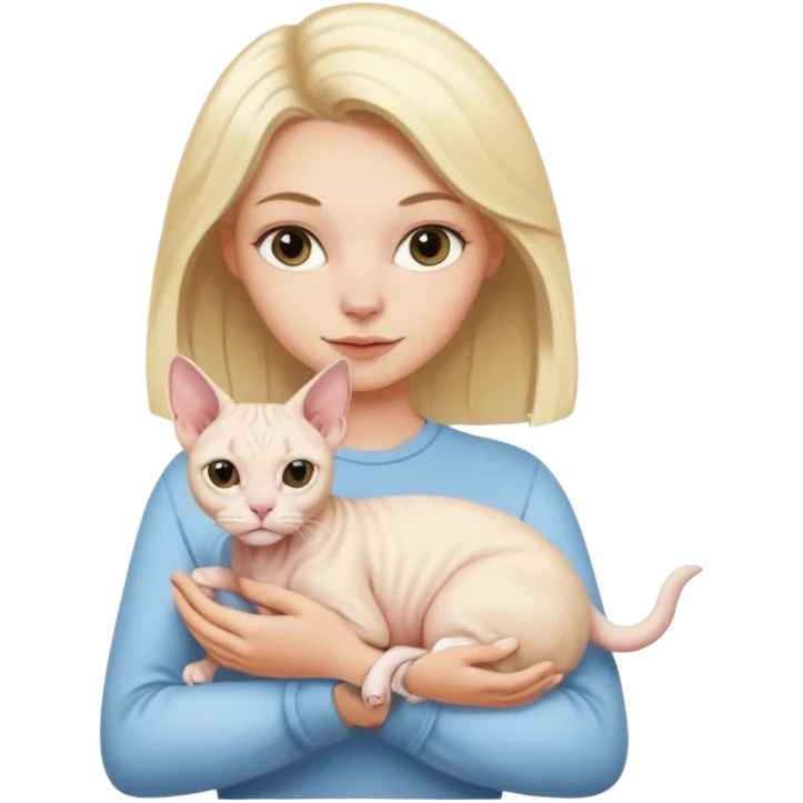 A white girl with blonde hair is holding a white Sphynx cat in her arms emoji