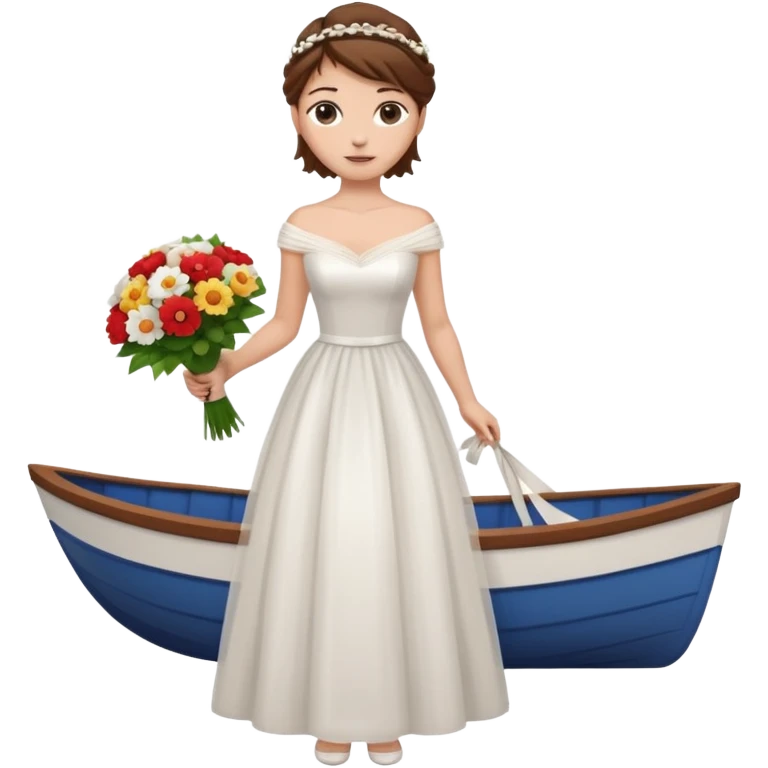 Chica blanca,cuerpo entero, vestido boda cuello barco, pelo castaño,   1 ramo de flores , pelo recogido con mechones emoji