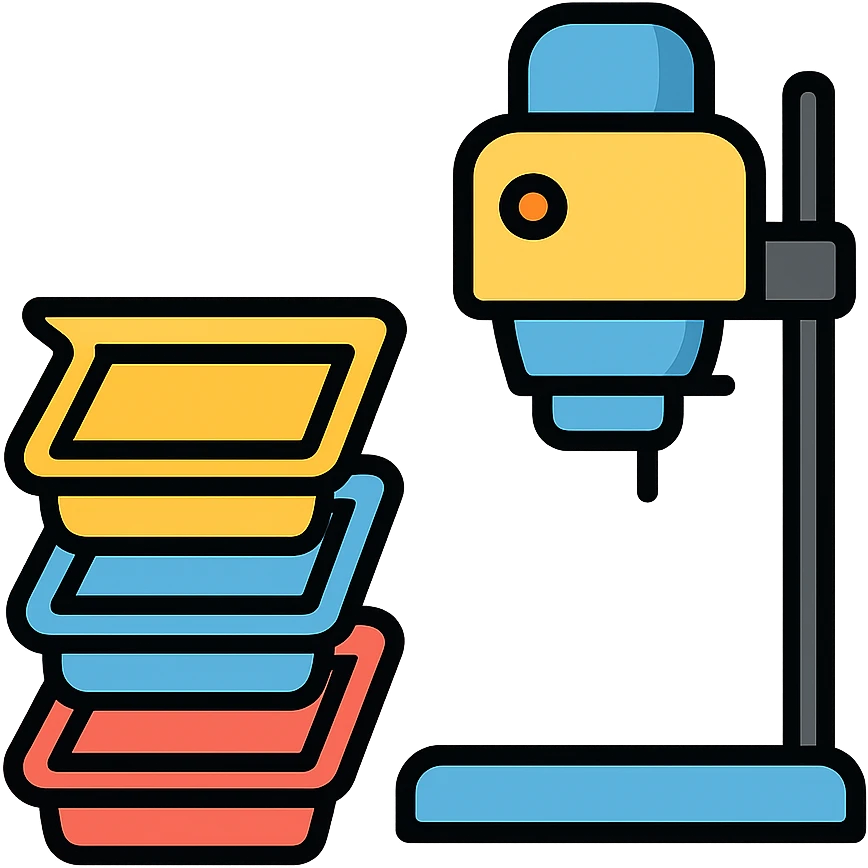 Film photography darkroom equipment with developing trays and photo enlarger emoji