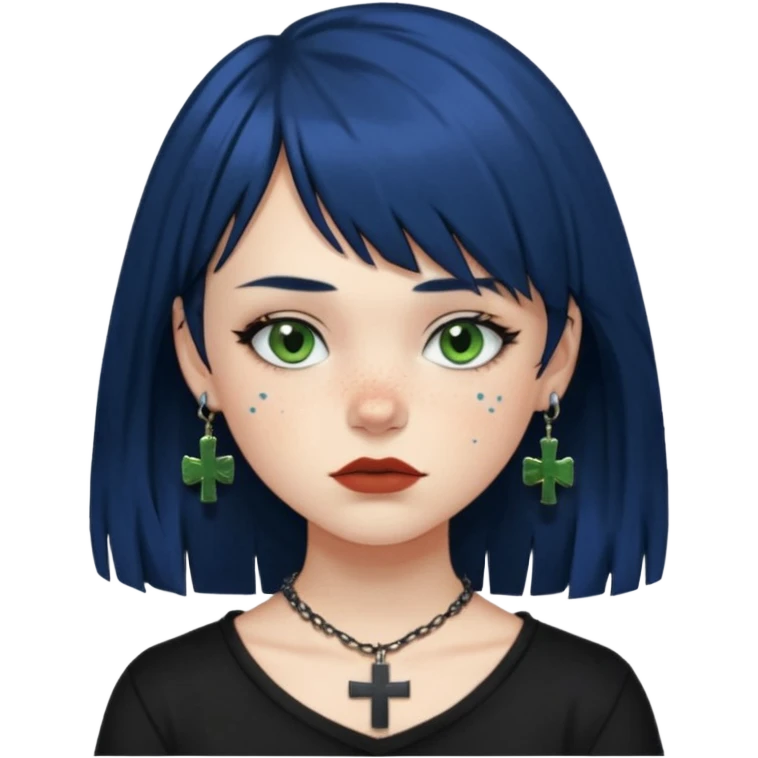 “Make an emoji of a girl with freckles on her cheeks, dark blue hair, greenish-brown eyes (more on the green side), black clothes, medium-sized lips, side curtain bangs, a punk cross necklace, and an Affliction shirt. emoji