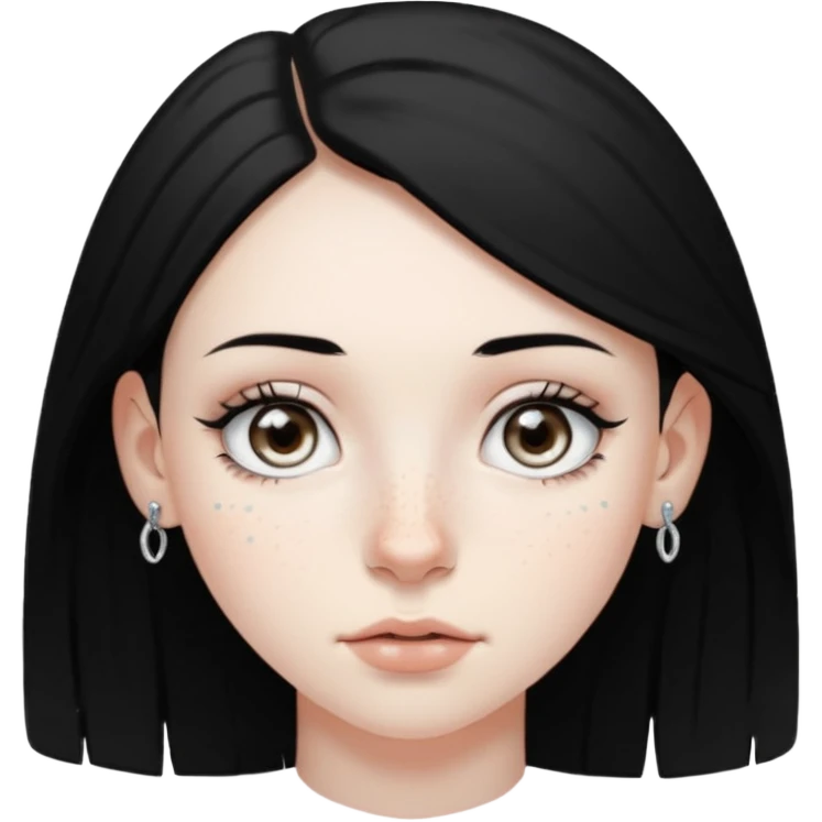 Girl with grey eyes medium black hair pale skin freckles and two nostril piercings  emoji