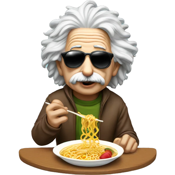 Einstein, eating Ramen while wearing sunglasses and a hoodie emoji