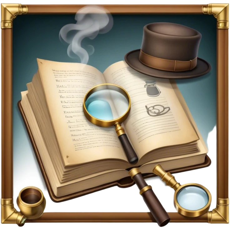 Icon for Detective Reading: an open book with a magnifying glass, a detective’s hat, and a notebook with clues, surrounded by dark shadows and mysterious elements like footprints and a smoking pipe. Transparent background. emoji