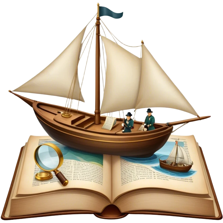 Icon for Reading Fiction: a large open book with pages turning, a sailboat sailing across the pages, Musketeers on horseback, Sherlock Holmes with a magnifying glass, and other literary elements. The icon should evoke the adventurous spirit of storytelling. Transparent background. emoji