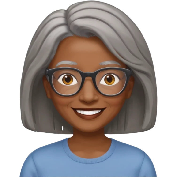 Older woman of color with gray shoulder length  hair and glasses and smiling emoji