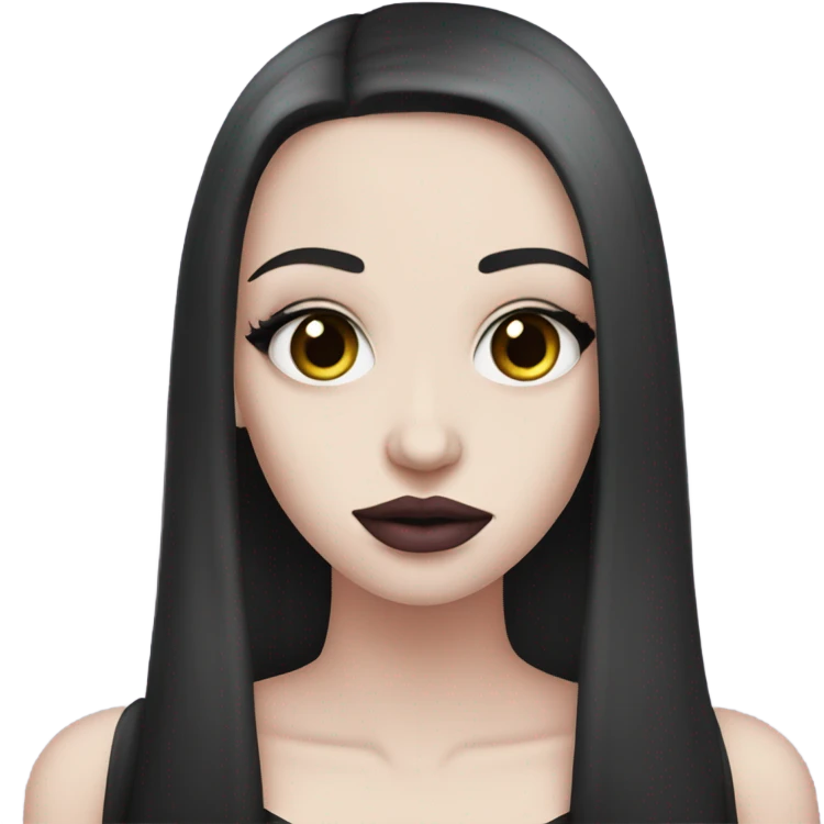 Very pale goth woman, with long dark brown straight hair and makeup and soft pink lips  emoji