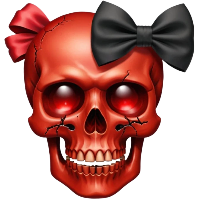 make me a red crystal skull partly see thew super gem like make it realistic and held together by a big black bow super realistic skull cracking all over the eyes are black and rotting  emoji