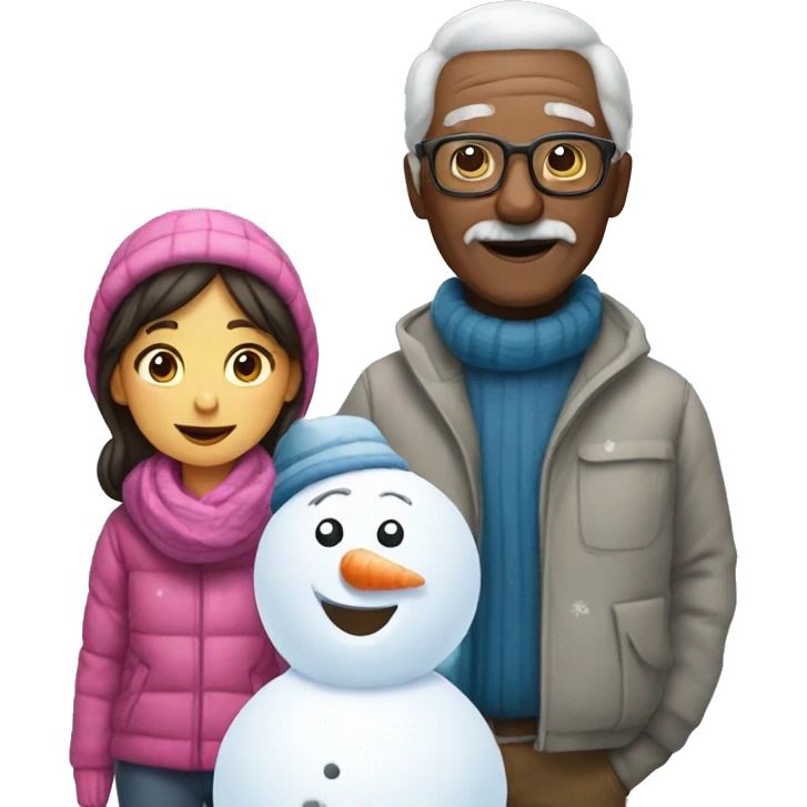 girl and grandpa building a snowman together emoji