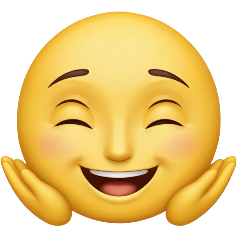classic yellow emoji face with eyes closed, eyebrows pointing upwards, upper teeth showing in a wide smile emoji