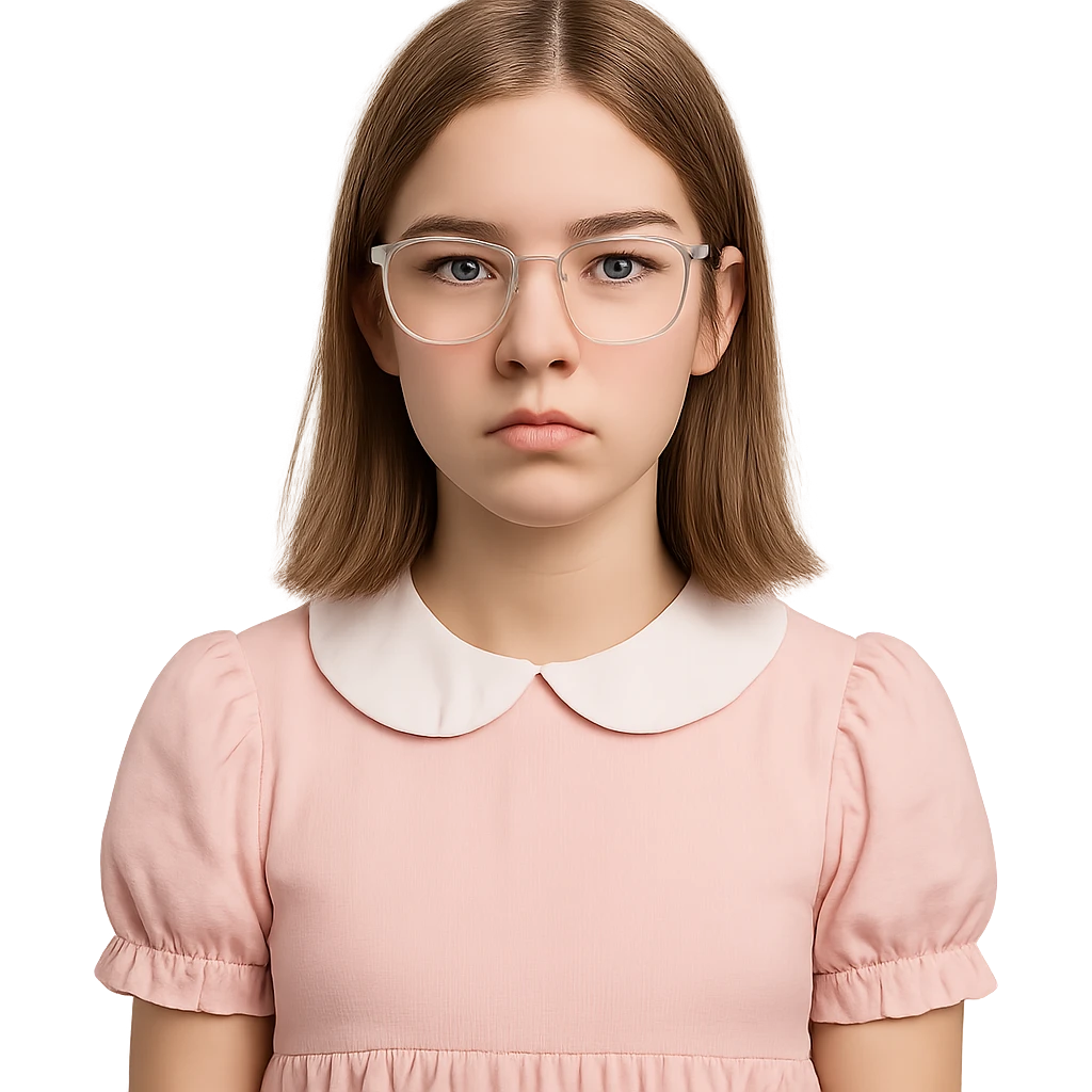 teen girl with clear glasses, shoulder length light brown hair, cute core style, straight face, no smile emoji