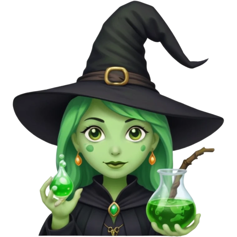 Witch with Green Skin – long-nosed witch in black hat holding potion emoji