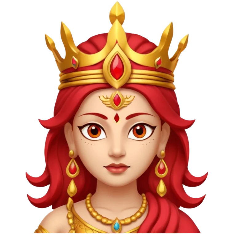 Hindu goddess Durga portrait, head and shoulders only, fierce warrior look, red and gold crown, powerful eyes, divine aura, 3D cartoon, mobile game icon style, clean background, no text, no watermark
 emoji