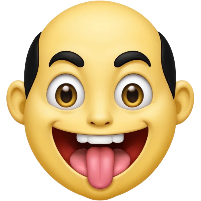 Freaky yellow face emoji smiling really big with huge tongue out and eyes wide open. Tongue should is wagging back and forth. Give him a head of black hair emoji