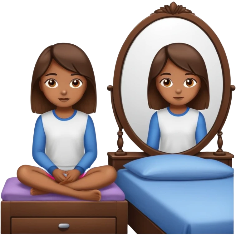 girl with brown eyes, straight brown hair sitting on the bed in front of the mirror emoji