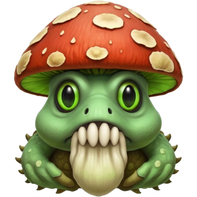 poisonous mushroom beast portrait, head and shoulders only, creature made mostly of mushroom flesh, thick mushroom cap head, layered fungal textures, toxic green spore glow, animal-like eyes, fantasy monster pet vibe, 3D cartoon, mobile game icon style, clean background, no text, no watermark

 emoji