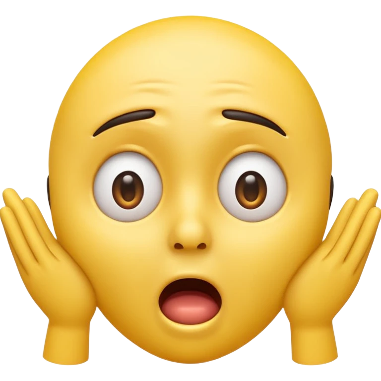 A 3D glossy yellow emoji of a shocked horrified face, with mouth and eyes are wide open, eyebrows  raised, and hands against their cheeks, face without nose, black background, high quality, soft studio lighting emoji