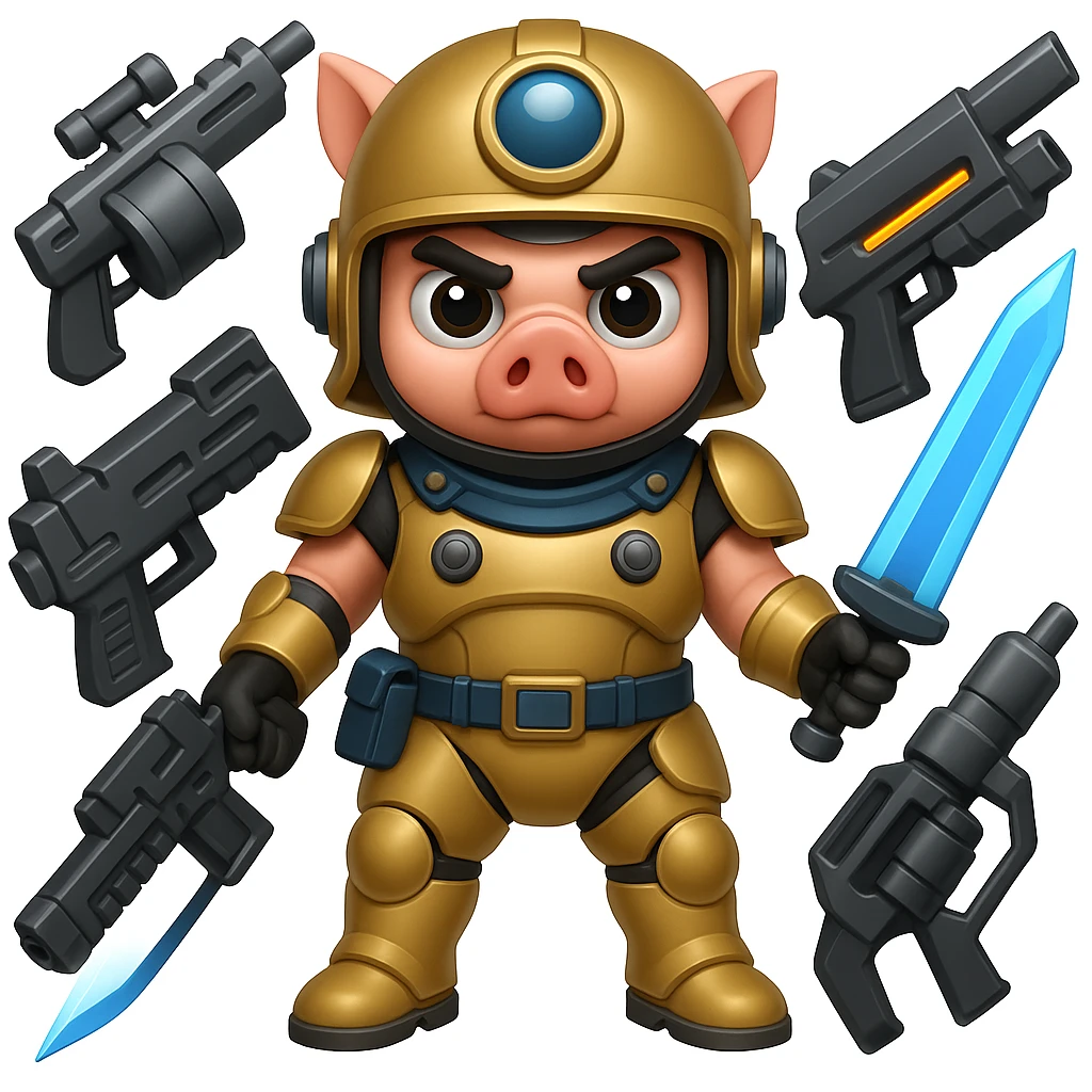 Add more sci-fi weapons to the pig Helldiver, such as futuristic rifles, energy swords, or grenade launchers, in the style of emoji (apple style emojis). emoji