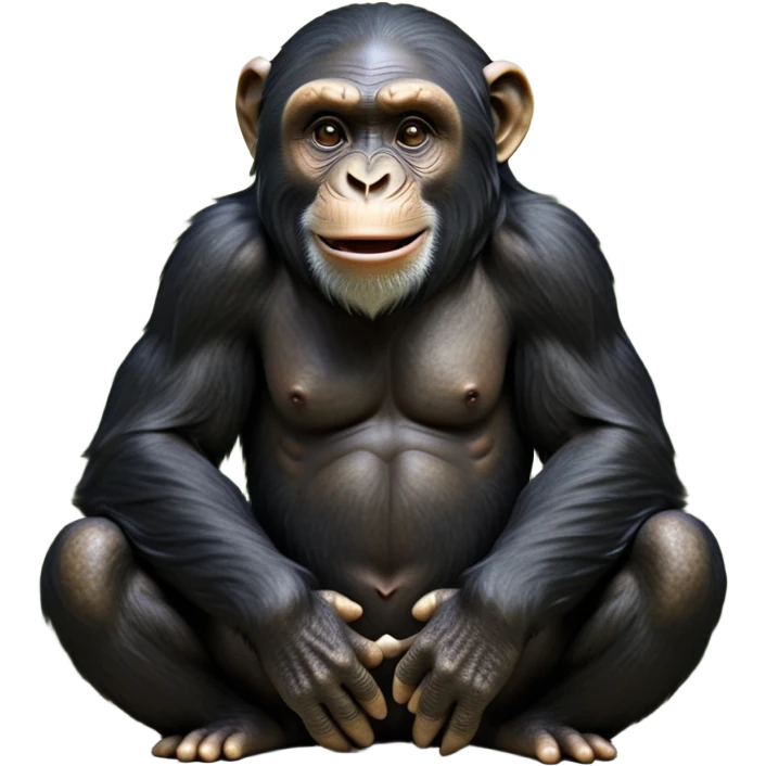 cinematic-noble chimpanzee-realistic-full-body-sitting-emoji,-long-powerful-arms-resting-on-its-knees,-expressive-dark-eyes-filled-with-intelligence-and-curiosity,-coarse-black-fur-textured-and-detailed,-softly-wrinkled-face-hinting-at-a-mischievous-smile,-slightly-open-mouth-showing-a-glimpse-of-teeth,-simplified-yet-realistic-focused-features,-highly-detailed,-glowing-with-a-warm-jungle-light

 emoji