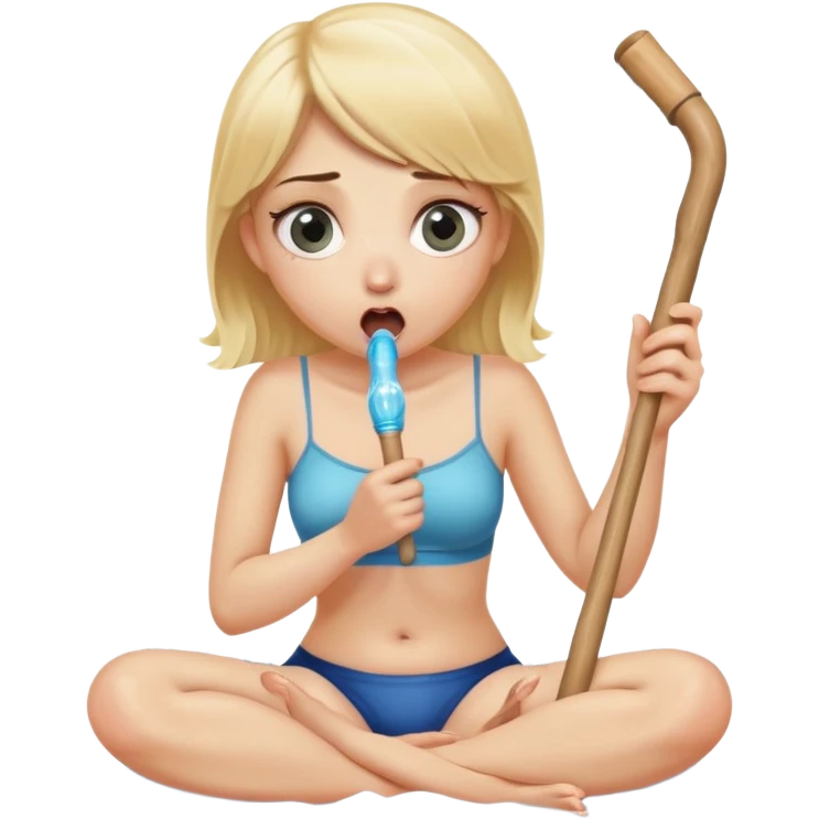 blond woman sitting on her knees with wide eyes, holding a wide skin-colored stick with a D-shaped knob, the knob has skin texture, water squirting from the flat side of the knob into her mouth, shocked face emoji
