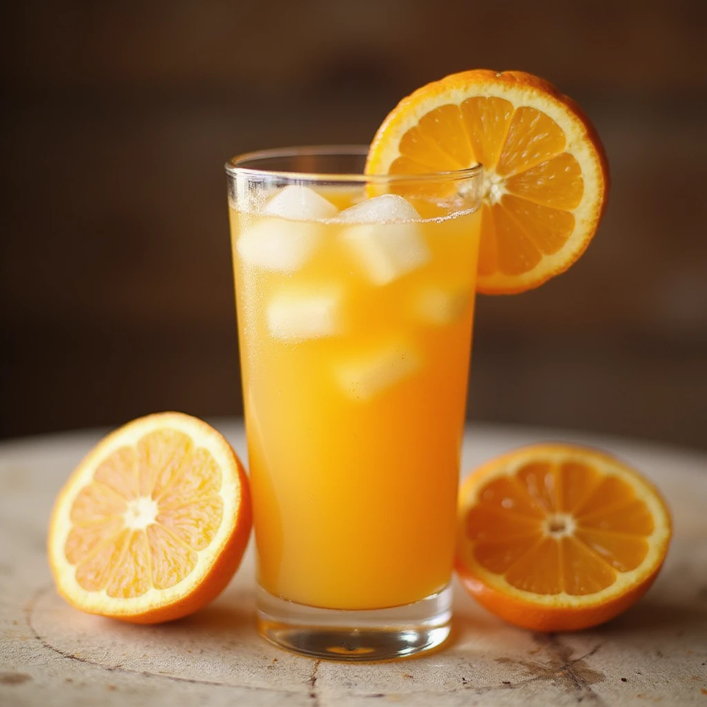 realistic glass of orange juice with ice cubes and orange slice garnish emoji