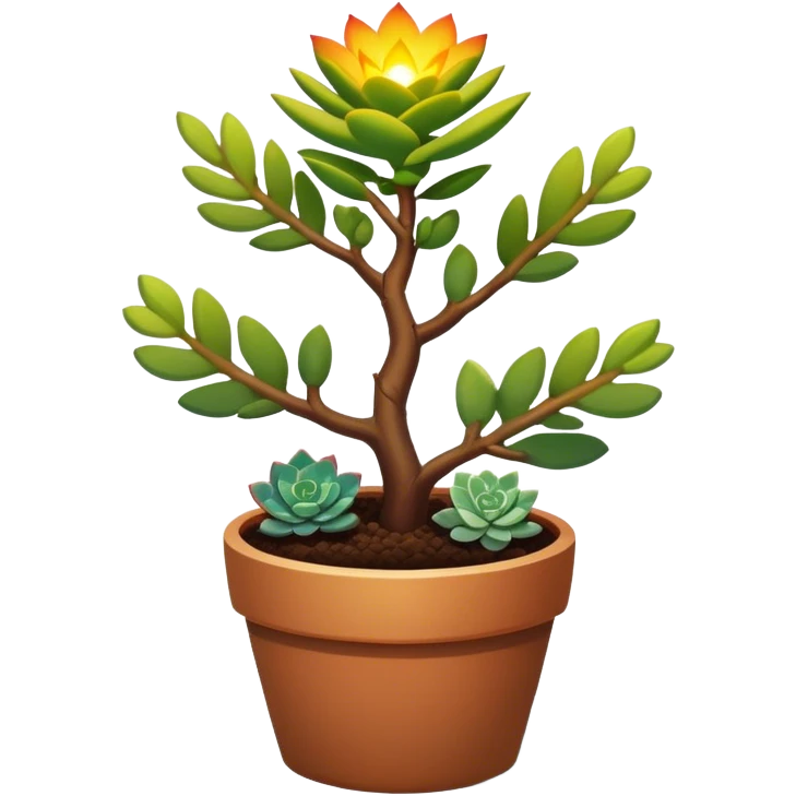 Close-up of a potted sapling in rich soil surrounded by vibrant plants and succulents. Bright sunlight filters through the window, casting soft shadows. Nearby gardening tools rest on a wooden table. Cozy indoor atmosphere with greenery and flowers. emoji