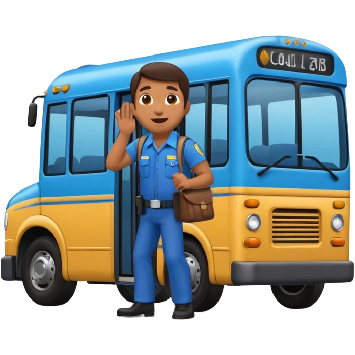 3D emoji of a Peruvian bus fare collector (“cobrador”), leaning out of a urban blue bus. door calling passengers, dynamic pose, urban street vibe, vibrant colors, bold outlines, sticker illustration, transparent background emoji