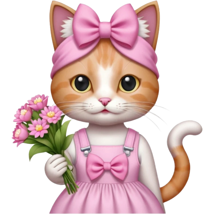 گربه‌ای که دستش یه دسته گل صورتی سفید باشه رو سرش پاپیون باشه و لباس صورتی سفید تنش باشه حالت بیلر داشته باشه و یه کادر کوچیک که نشونه فکر بالا سرش باشه emoji
