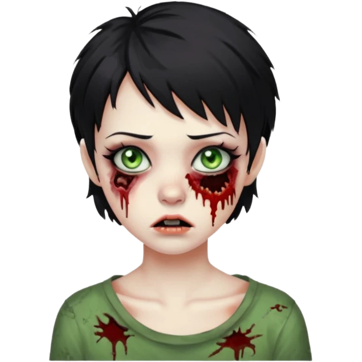 Zombie girl with messy black short hair with lashes and torn cheek emoji