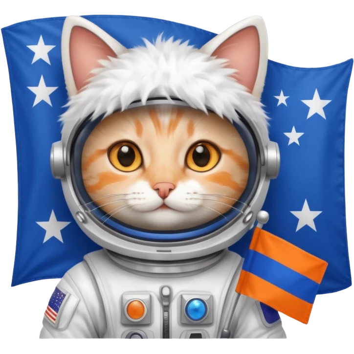 a cat in space suit, holding blue rectangle flag emoji