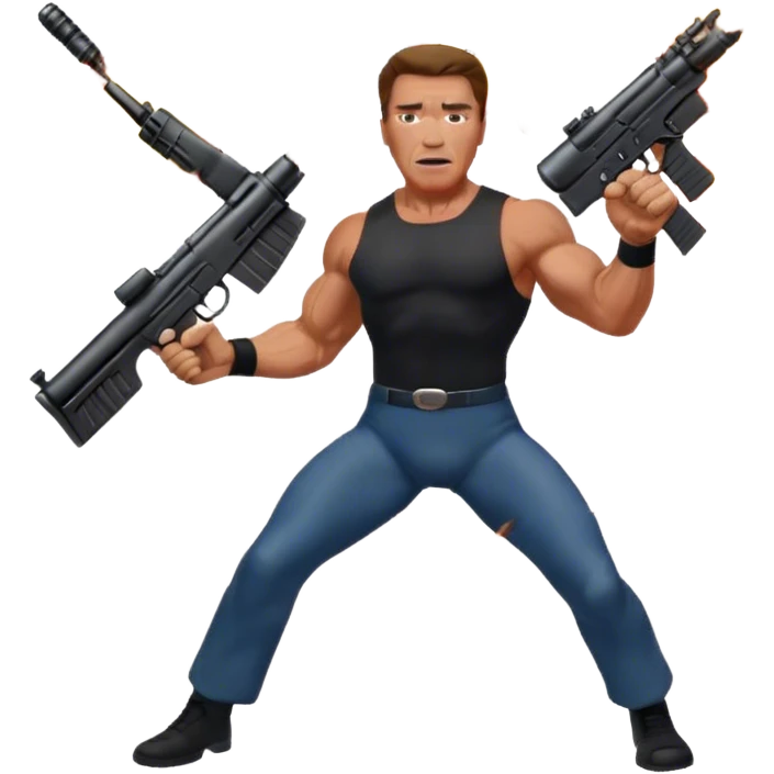 Icon for Action Movies: Arnold Schwarzenegger in the lead role, in an intense action pose with weapons, explosions, and dramatic background. The design should evoke the classic action movie feel with muscle-bound heroes and high-energy sequences. Transparent background. emoji