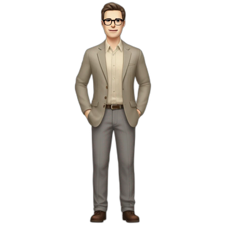 Full height Pale skinned Fit Man With dark brown hair in gray classic jacket, beige office shirt, Brown pants and vintage glasses. Thrumbs of his palms upwards emoji