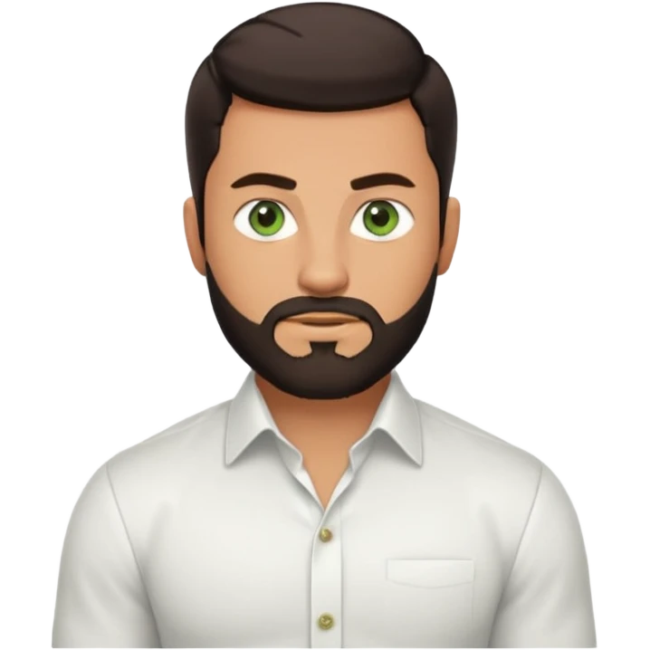 Man with a short full beard, Styled hair, Best looking man in the planet, onepiece style dark hair, green eyes, more realistic style more maskulin. Wearing a white formal shirt, first buttons open macho style, muscular

 emoji