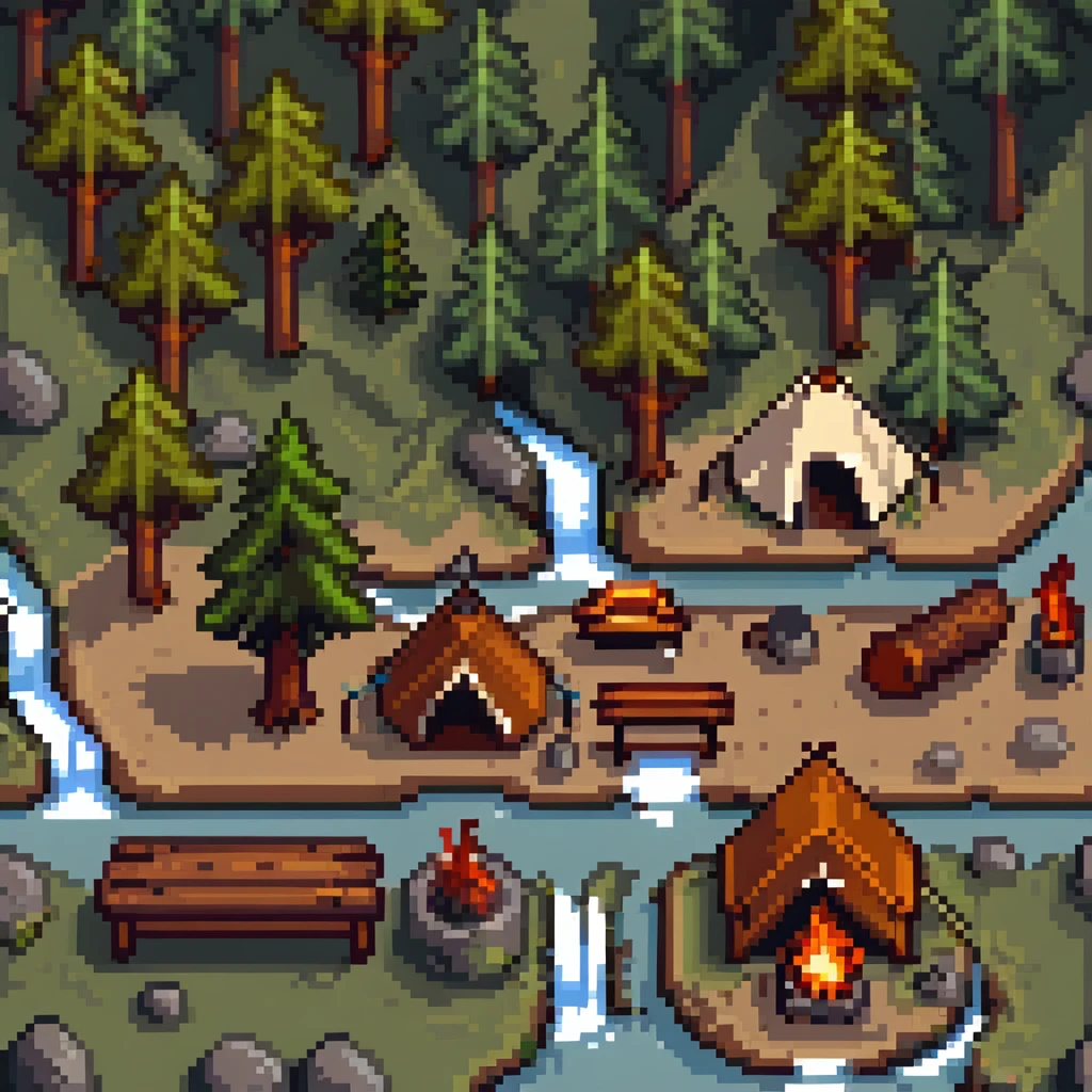 forest camping tile set with trees, tent, campfire, logs, river, rocks, and bushes emoji