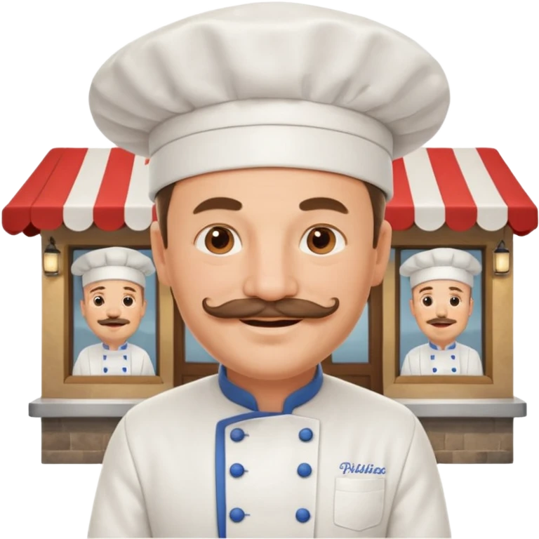 Est-ce que tu peux me faire un chef cuistot qui ressemble à Philippe Etchebest et qui est devant un restaurant? Est-ce que tu peux le faire souriant, avec une moustache de cuistot? 
 emoji
