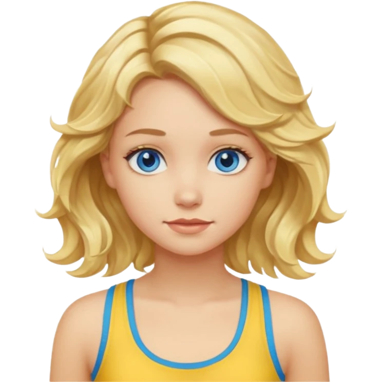 Girl with blonde wavy hair and blue eyes wearing a yellow tank top emoji