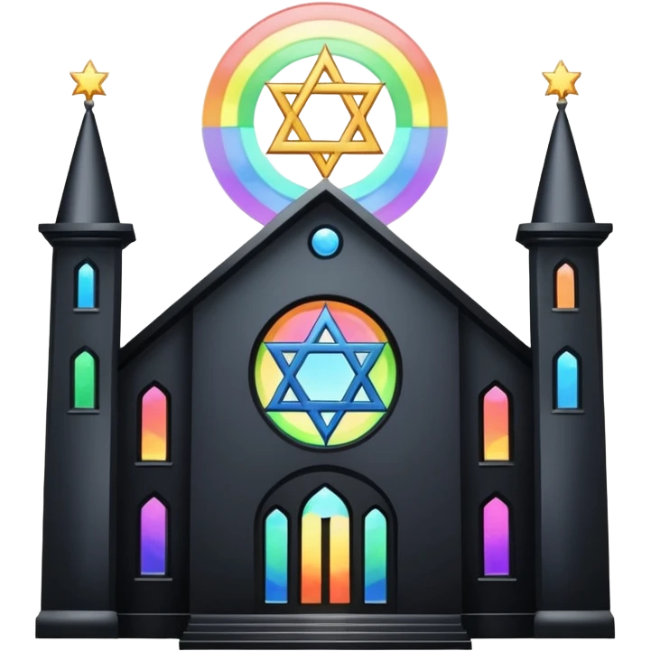 jewish synagogue temple in dark goth aesthetic style with black building and light rainbow tint glass windows and star of david and celestial symbolism emoji