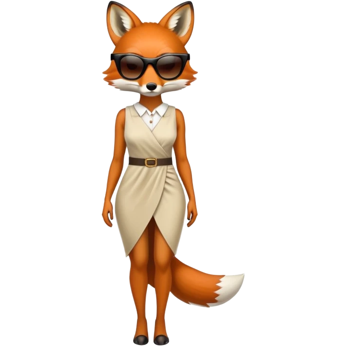serious anthropomorphised female fox in stylish dress with sunglasses, full-body view emoji