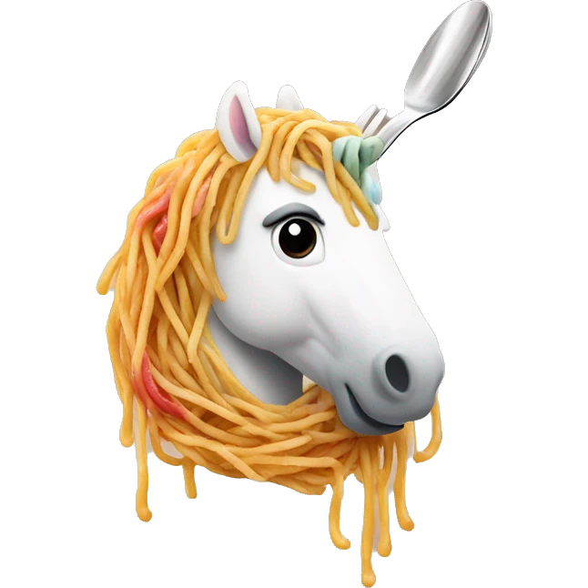 Unicorn in the shape of spaghetti riding a spoon rainbow emoji