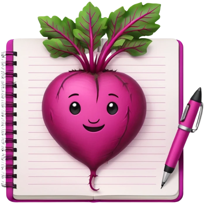 cute drawn beetroot in front of a notebook with a pen resting beside it emoji