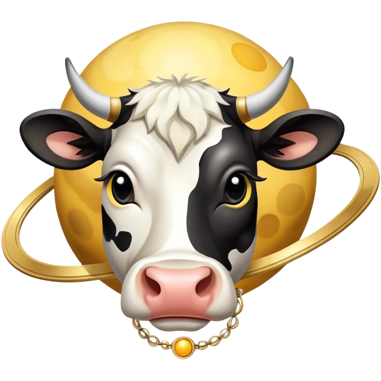 A spotted black and white cow head with Saturn's yellow-beige planet as the body and its iconic rings around the middle emoji