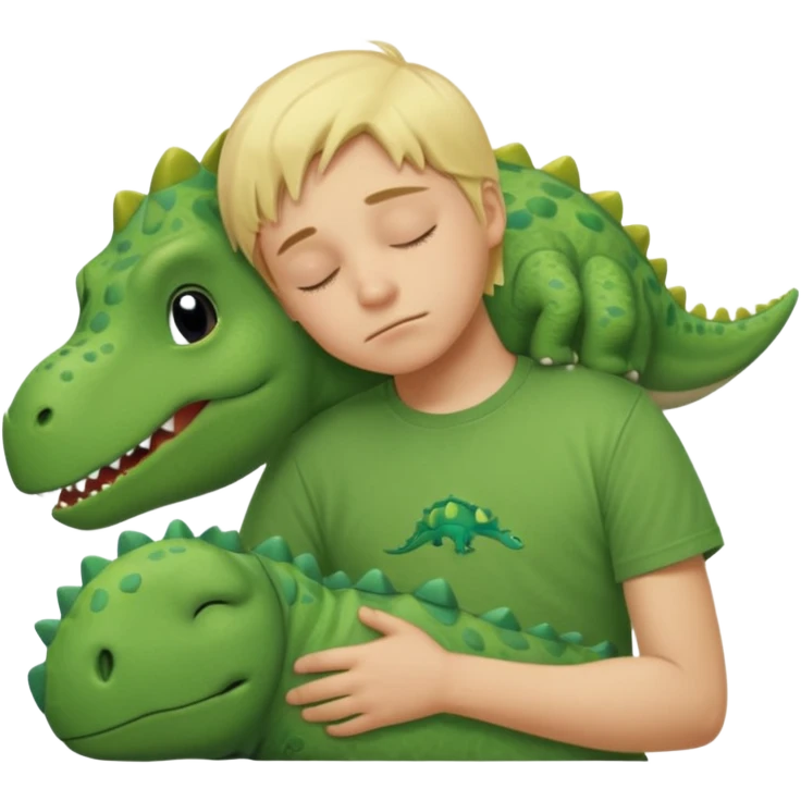 Blond boy sleeping wearing a green dinosaur t-shirt emoji