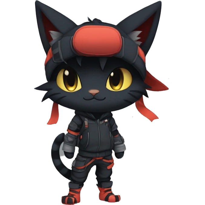 Edgy tomboy Shy Anthro Ninja boyish cool pretty dark black Litten-Pokémon-cat-fursona-animal techwear emoji