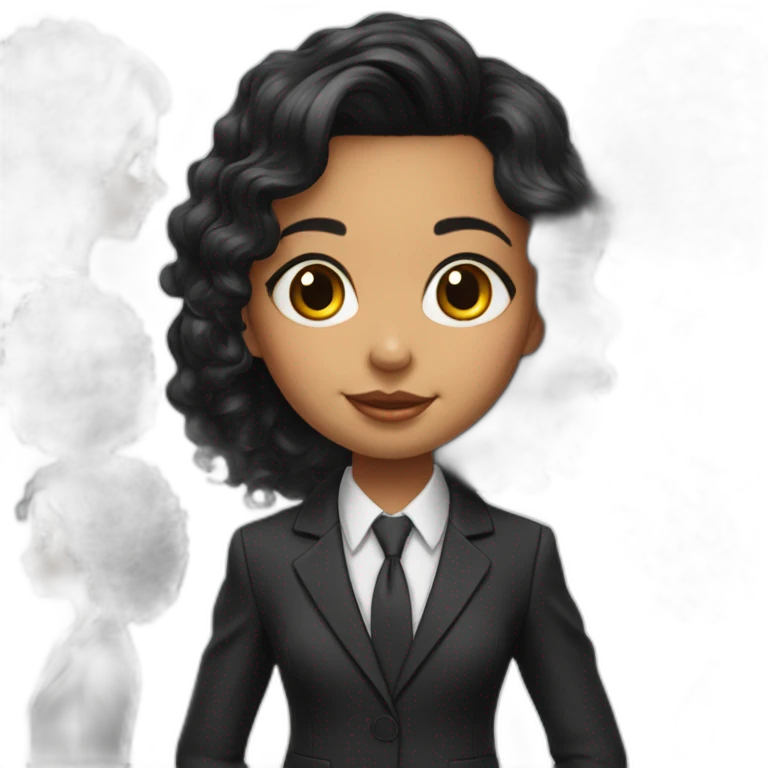 Cute Girl Black Hair Sidecut and perms wearing a Black suit hyperrealistic emoji