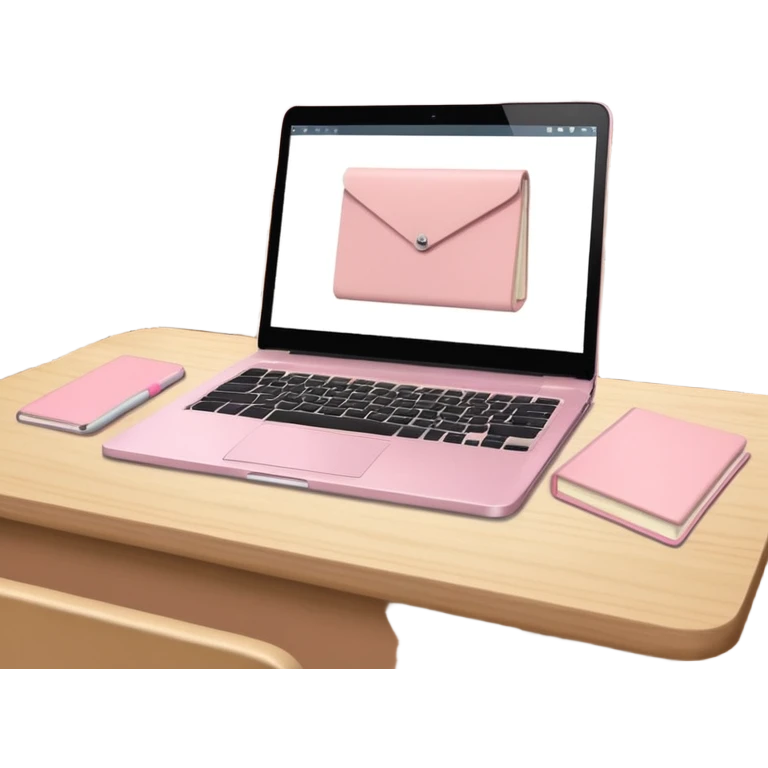 University lecture hall with pastel pink notebook and beige laptop open emoji