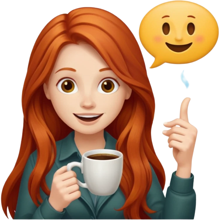 Excited long haired redhead drinking coffee with a sign in front saying GTSY emoji