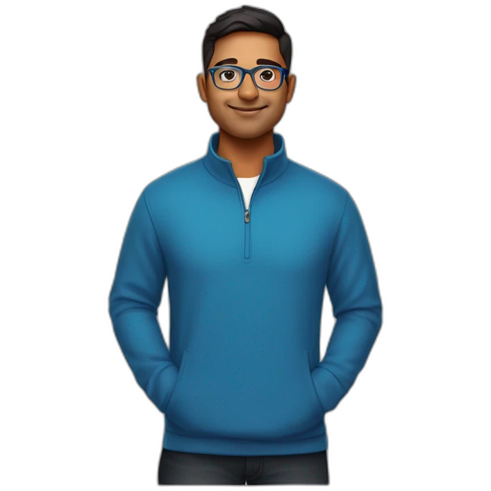 29 year old indian tech founder clean shaven in blue quarter zip with pebbled tortoiseshell glasses emoji