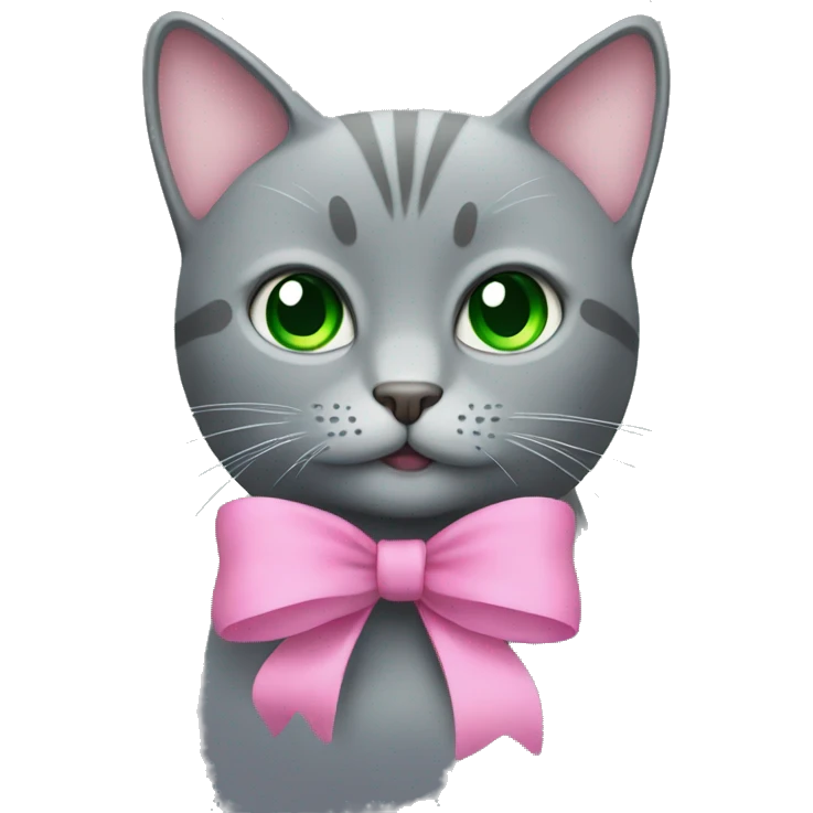 Grey cat with a pink bow and green eyes emoji