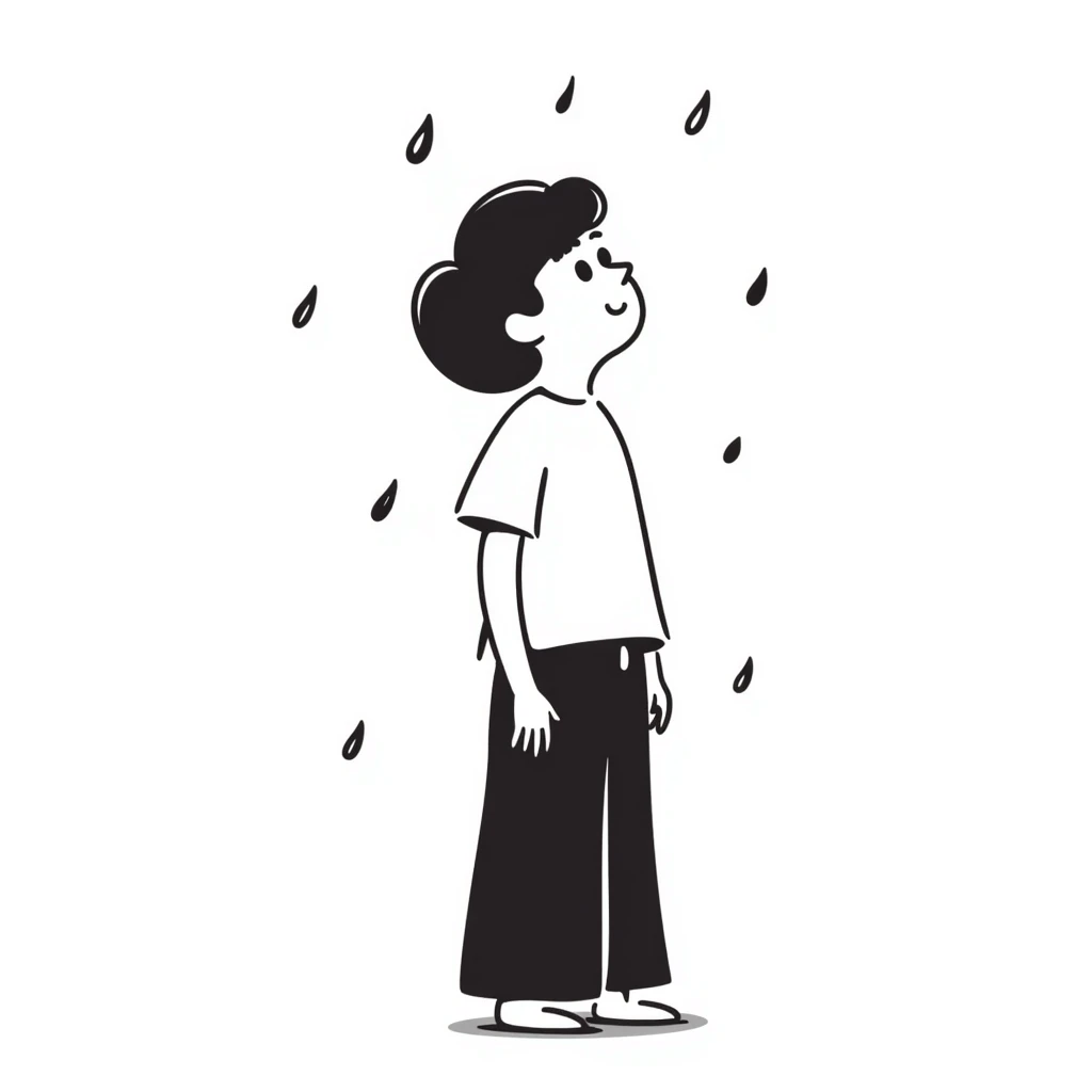 Lonely boy standing in the rain, raindrops falling around him emoji