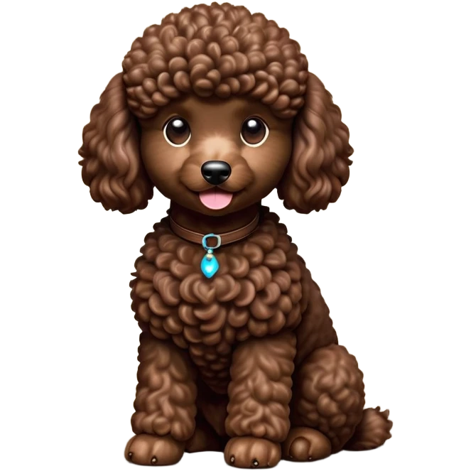 cinematic-[poodle]-realistic-full-body-sitting-emoji,-tail-resting-loosely-beside-its-paws,-head-tilted-dramatically, -curly-[chocolate]-fur,-simplified-yet-realistic-focused-features,-highly-detailed,-glowing-with-an-almost-sarcastic-glow emoji