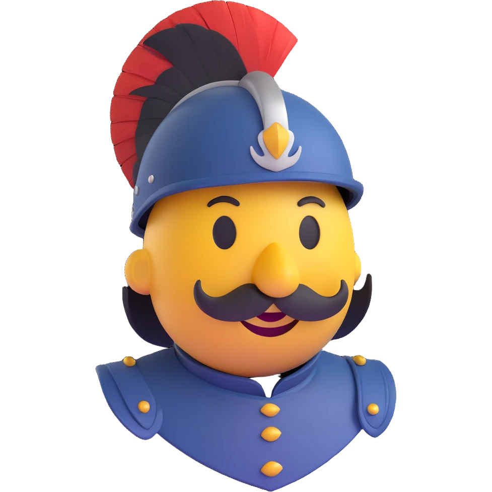 cartoonish Conquistador smiley inspired by Age of Empires II, with a helmet, mustache, and plume, no text, designed for Discord emoji